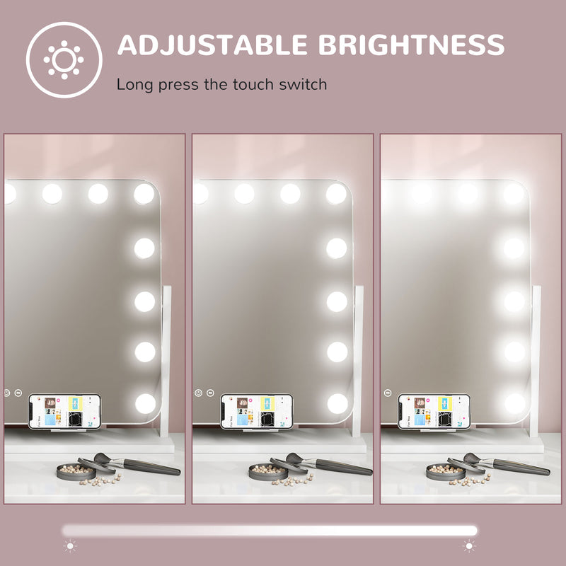 Tabletop Makeup Mirror with 14 LED Bulbs and Adjustable Brightness Settings, White