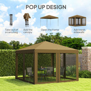Khaki 3 x 3m Pop Up Gazebo with Mesh Sidewalls and Carry Bag for Garden Patio by Outsunny