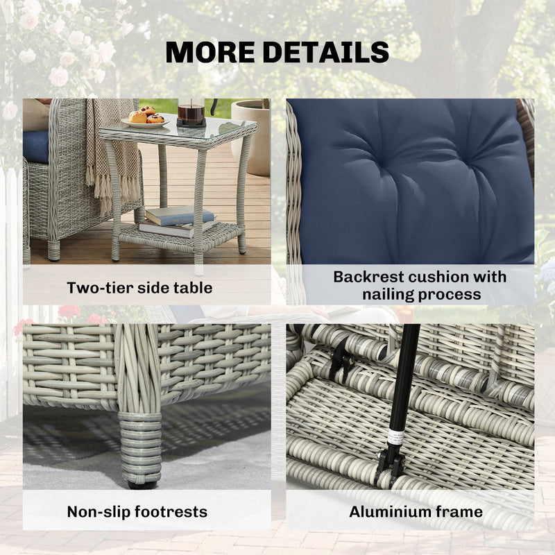Deluxe Rattan Garden Bistro Set for 2 with Reclining Chairs Footstools and Table, Grey