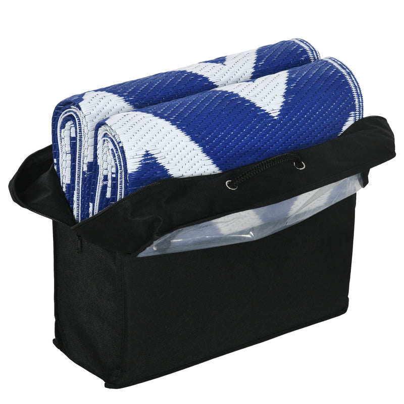 Blue and White Reversible Outdoor RV Mat with Carry Bag Ideal for Camping or Patio Use