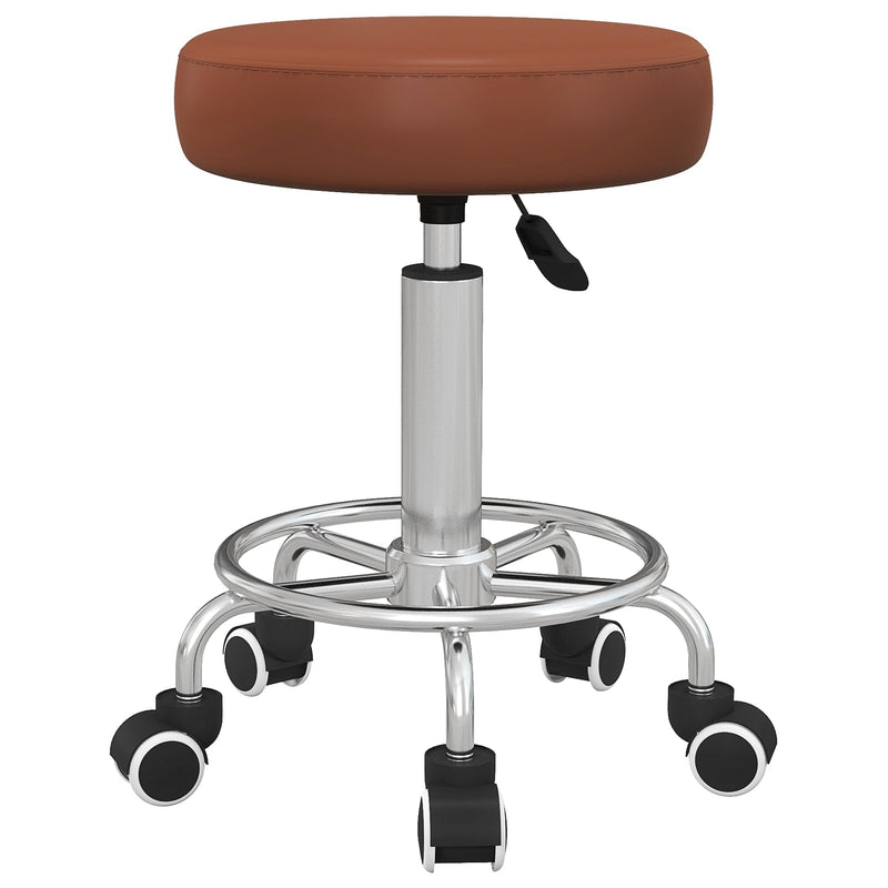 Height Adjustable PU Leather Rolling Stool With Wheels For Salon Or Spa Use Brown