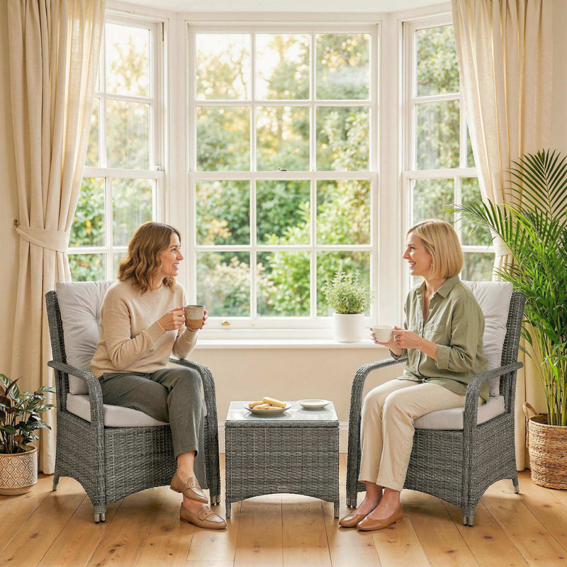 2-Seat Rattan Garden Bistro Set with 10cm Cushions, Tempered Glass Table and Weatherproof Cover, Grey