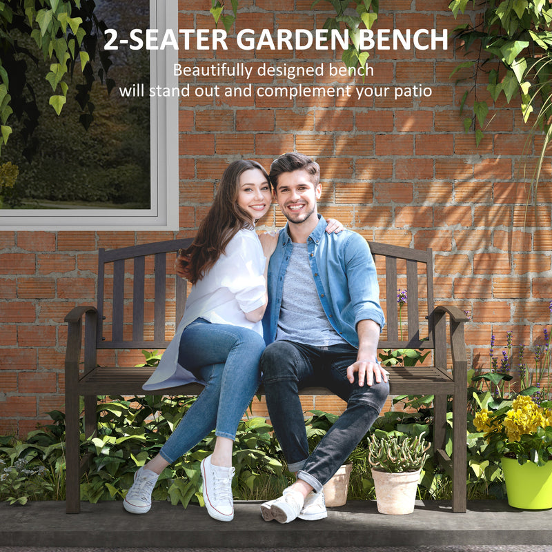 Brown Two Seater Metal Garden Bench with Slatted Design for Patio or Outdoor Use