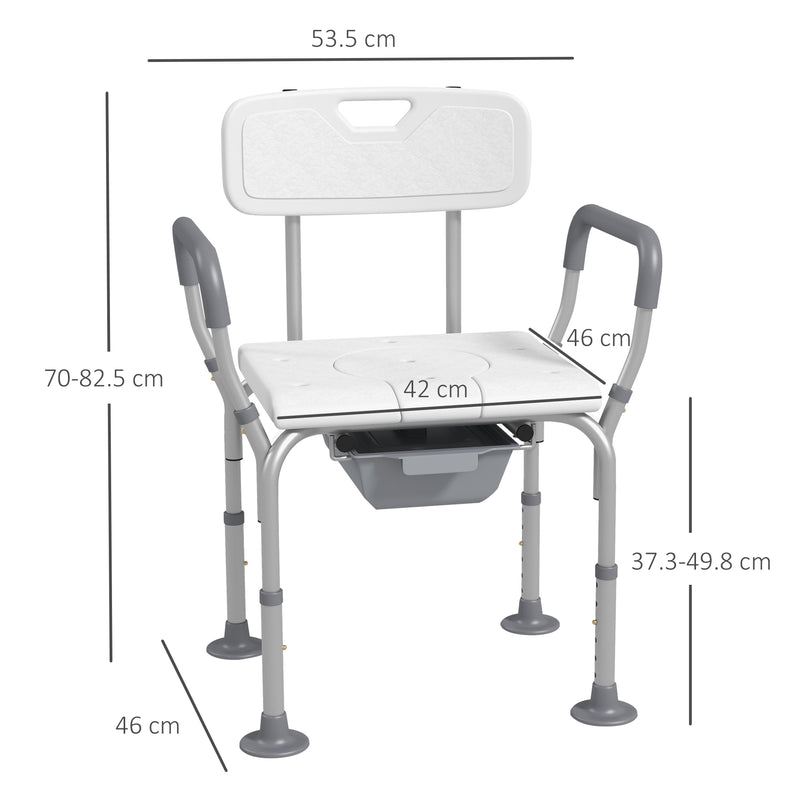 Height Adjustable Shower Stool with Arms Backrest and Removable Commode for Elderly, White