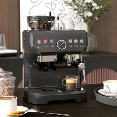 15 Bar Espresso Coffee Machine with Adjustable Grind and Milk Steamer for Home Use Black