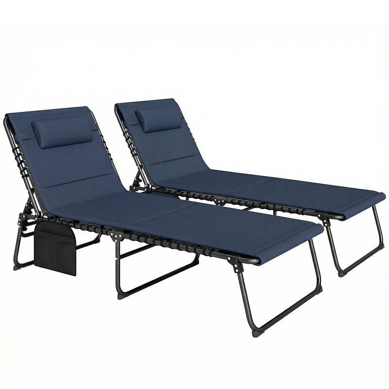 Set of 2 Adjustable Folding Sun Loungers with Side Pockets for Garden Relaxing Dark Blue