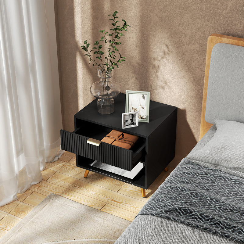 Black and Gold Bedside Table with Drawer and Shelf for Elegant Storage by HOMCOM