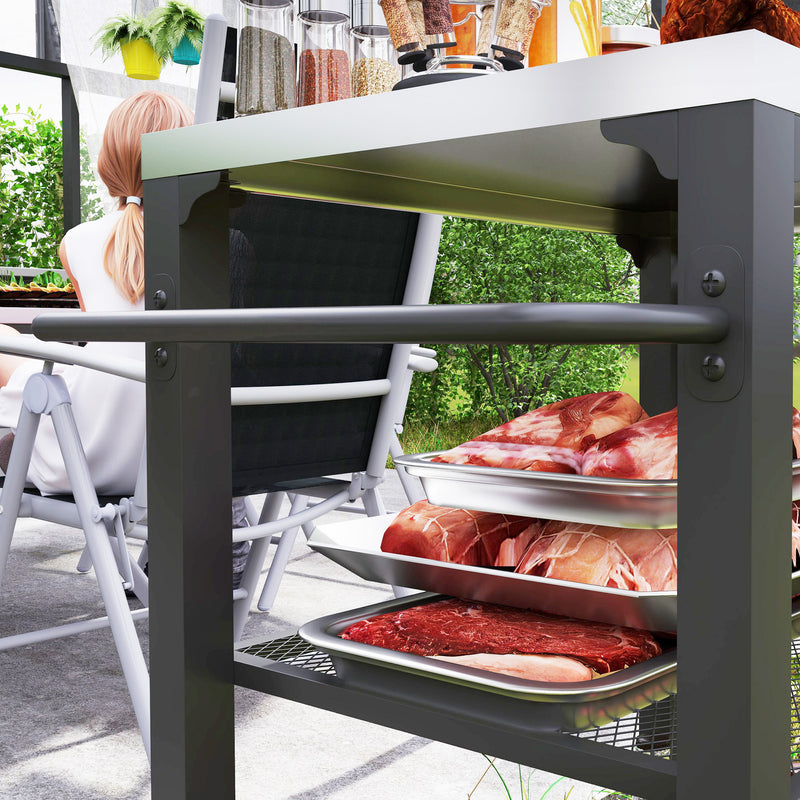 Three-Shelf Outdoor Grill Cart with Stainless Steel Top and Wheels for Kitchen and Garden by Outsunny