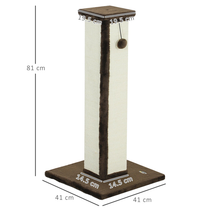 81cm Cat Scratching Post with Sisal Rope Hanging Ball and Soft Plush in Brown by PawHut