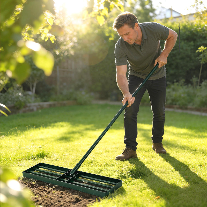 Lawn Levelling Rake for Smoothing Grass and Soil with Wide Head and Adjustable Handle Green
