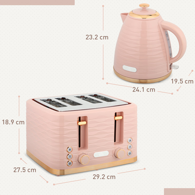 3000W Kettle and 4 Slice Toaster Set with 7 Browning Levels and Crumb Tray, Light Pink