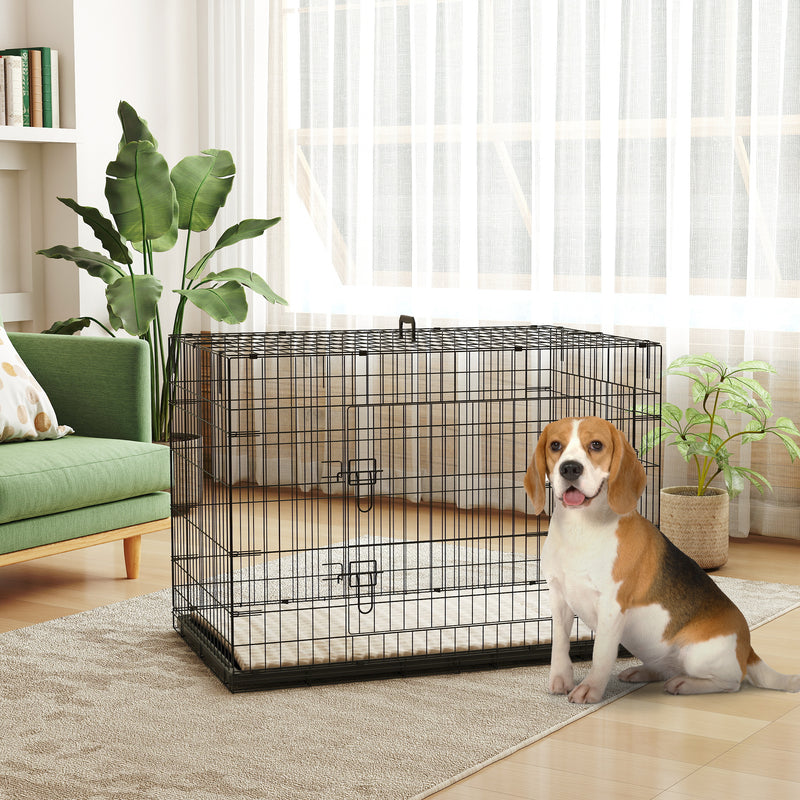 Foldable Dog Crate with 2 Doors Tray and Soft Cushion for Large Dogs 105cm Black by PawHut