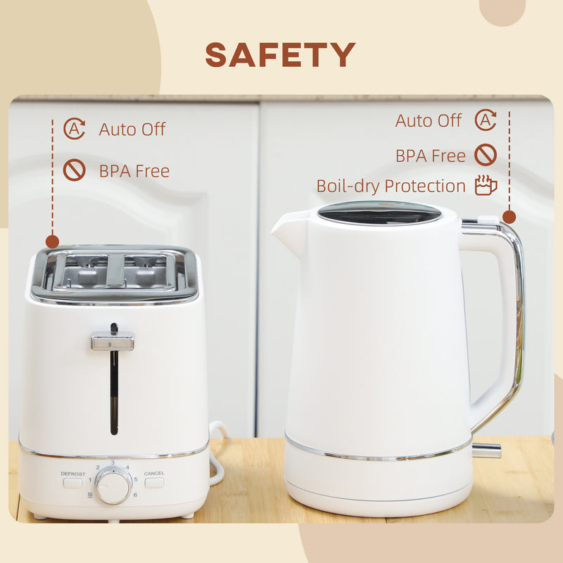 White 1.7L Fast Boil Cordless Kettle and 2 Slice Toaster Set With 6 Browning Levels by HOMCOM