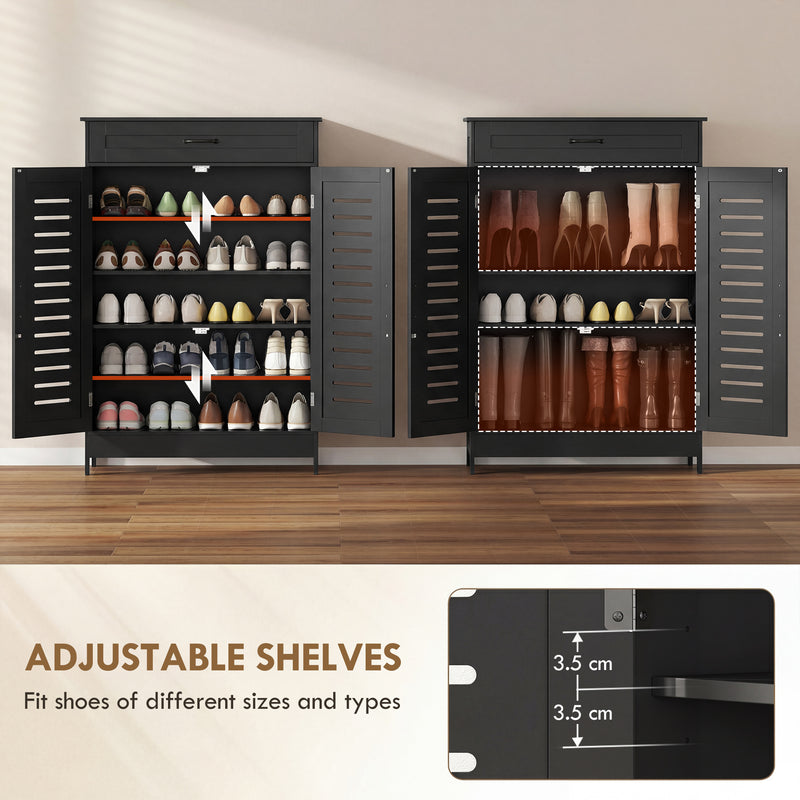 Black Shoe Storage Cabinet For Entryway with Louvered Doors Drawer and Adjustable Shelves 78x37x115cm Homcom