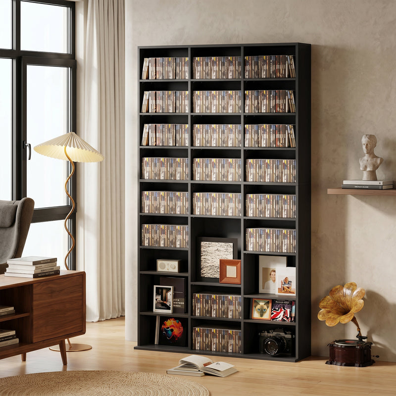 Tall Slim Media Storage Shelf with Adjustable Shelves for CDs DVDs Blu-rays