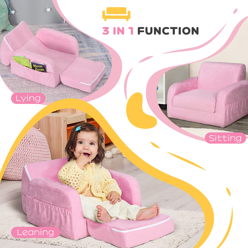 2 in 1 Kids Sofa Bed with Sturdy Wood Frame Ideal for Bedroom or Playroom, Pink