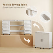Folding Sewing Table with Storage and Wheels for Compact Home Craft Spaces White AOSOM