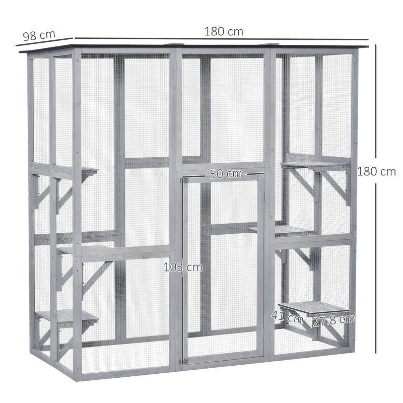 Large Wooden Outdoor Catio Enclosure with Platforms and Roof for Multiple Cats, Natural Wood AOSOM
