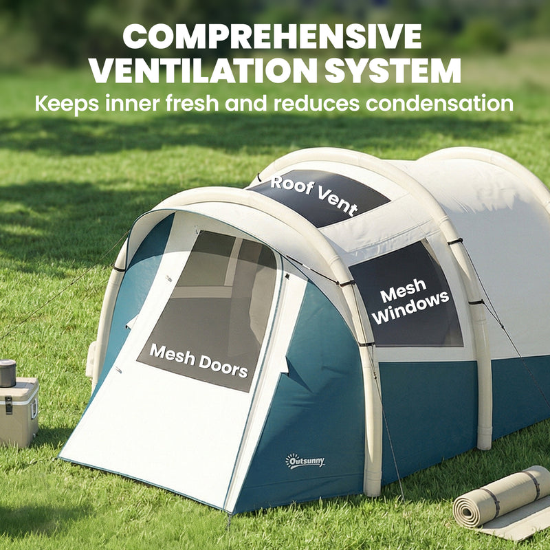 Inflatable 2 Room Camping Tent for Fast 5 Minute Setup Waterproof for 2 to 3 People Green White