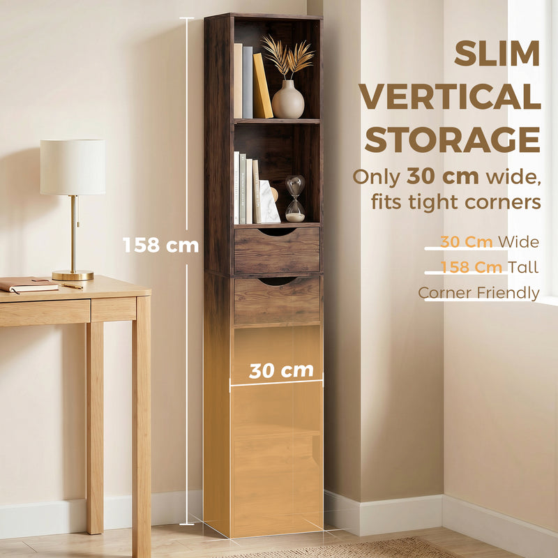 Slim Corner Bookcase with Adjustable Shelf and Storage Drawers for Small Spaces Rustic Brown