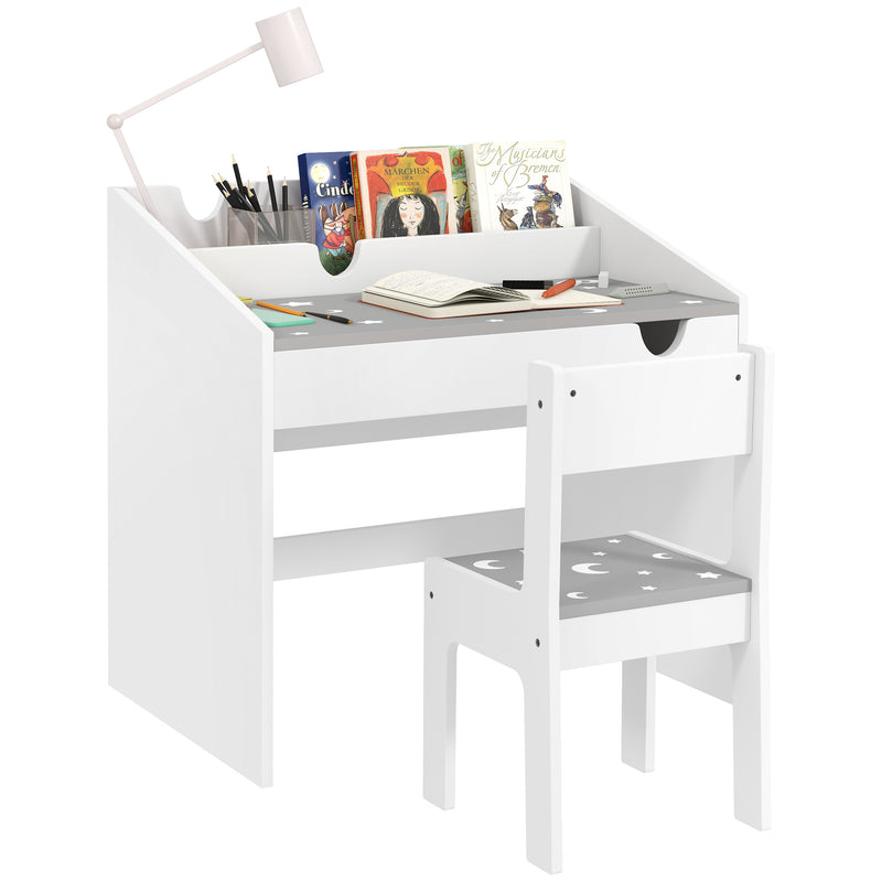 Kids Study Table and Chair Set with Storage and Pull-Out Drawer Grey by AIYAPLAY