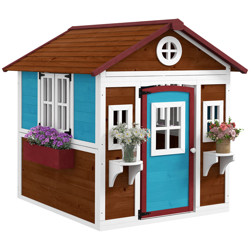Dark Brown Wooden Kids Playhouse With Doors Windows and Plant Pots For Ages 3 to 8