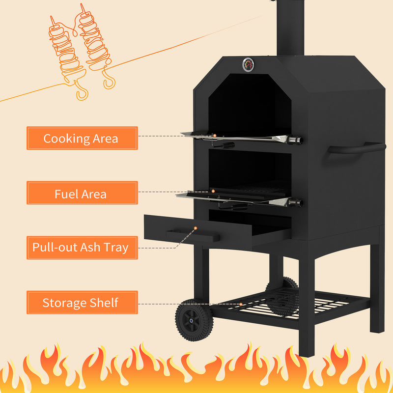 Black Steel 3 Tier Outdoor Pizza Oven and Charcoal BBQ Grill for Garden Entertaining