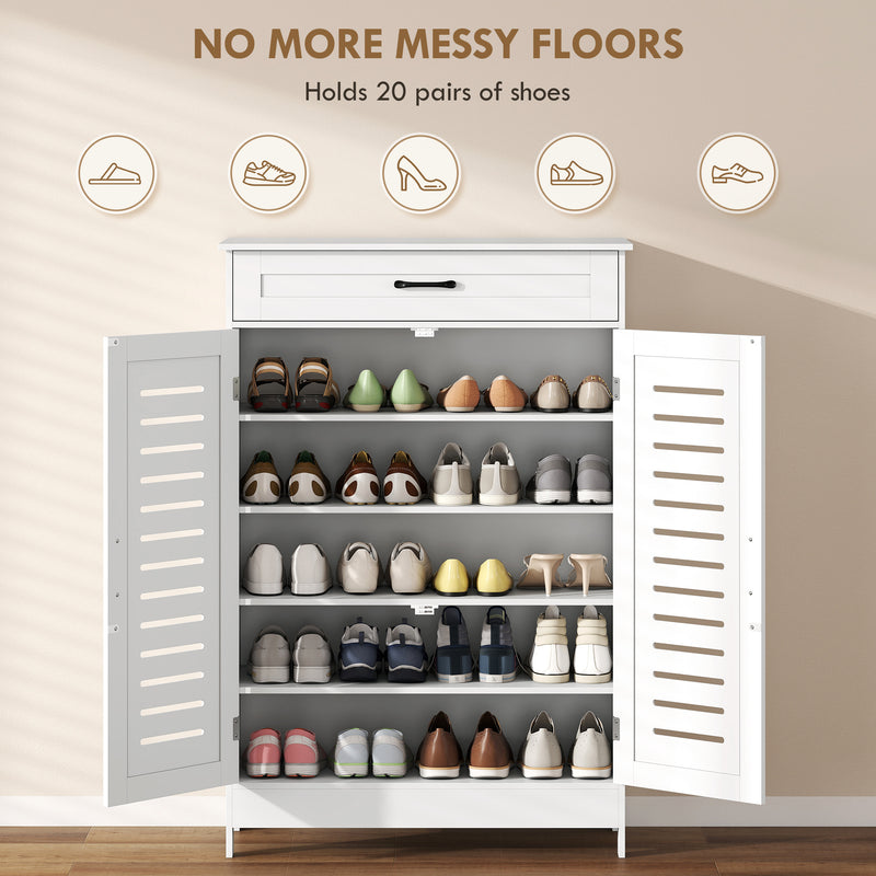 White Shoe Storage Cabinet For Hallway with Louvered Doors Adjustable Shelves and Drawer 78x37x115cm Homcom