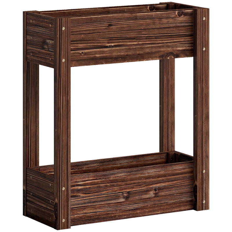 Raised Wooden Planter with 2 Compartments for Easy Gardening at Comfortable Height Carbonised Outsunny