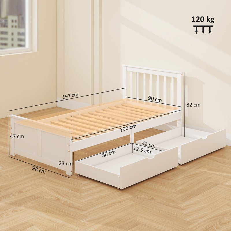 Wooden Single Bed Frame with Storage Drawers Ideal for Kids or Guest Rooms White