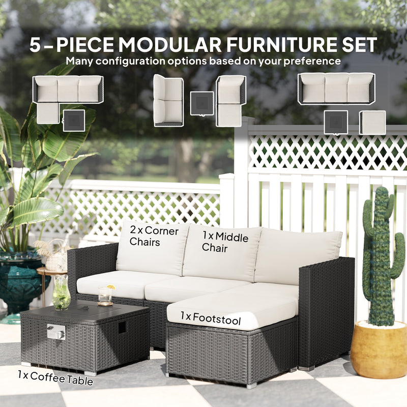 5 Piece Rattan Garden Lounge Set with Gas Fire Pit Table and Footstool Black by Outsunny