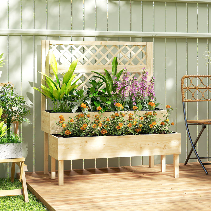 2 Tier Wooden Raised Garden Bed with Trellis for Easy Planting and Climbing Support, Natural Wood Finish Outsunny