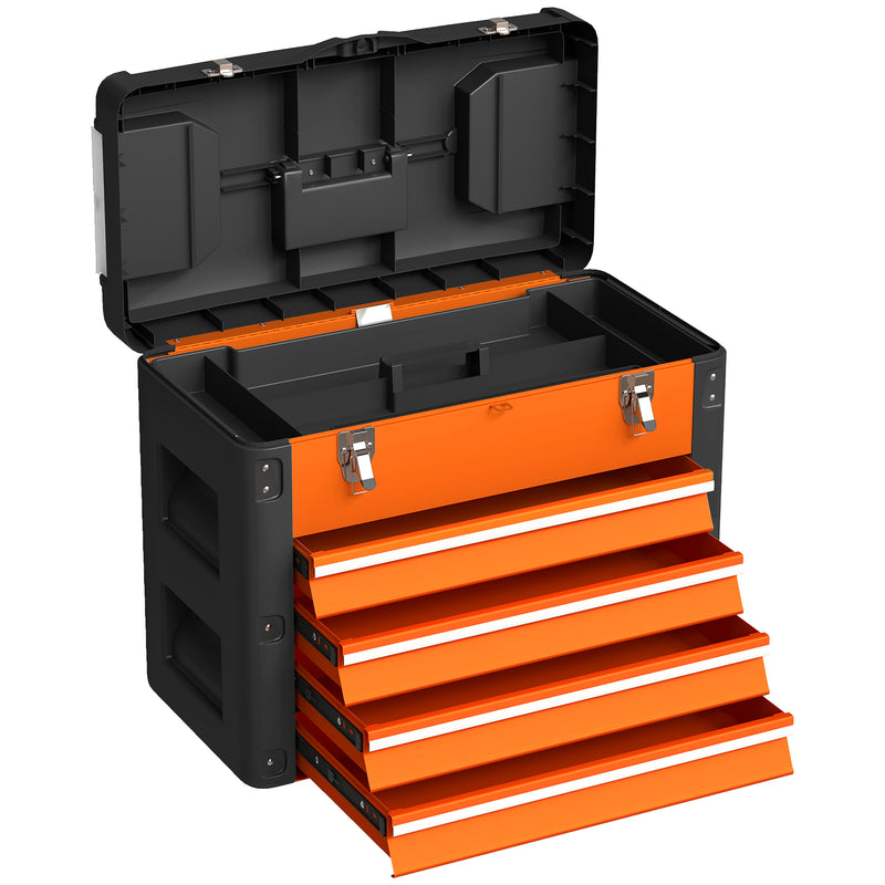 Large Orange Metal Toolbox With 4 Drawers For Organised Garage Or Workshop Storage AOSOM