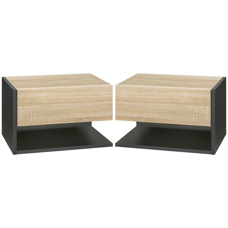 Wall Mounted Bedside Tables Set of 2 With Drawer and Shelf Modern Bedroom Oak Tone