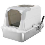 Extra Large Enclosed Stainless Steel Cat Litter Box With Scoop and Top Exit, Silver
