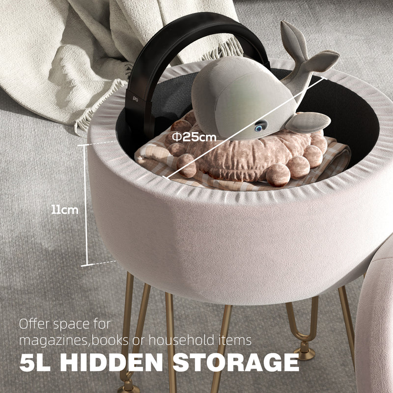Light Pink Velvet Feel Round Storage Ottoman with 5L Capacity by HOMCOM
