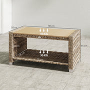 Rattan Coffee Table with Two-Tier Storage for Outdoor Seating Areas Light Brown AOSOM