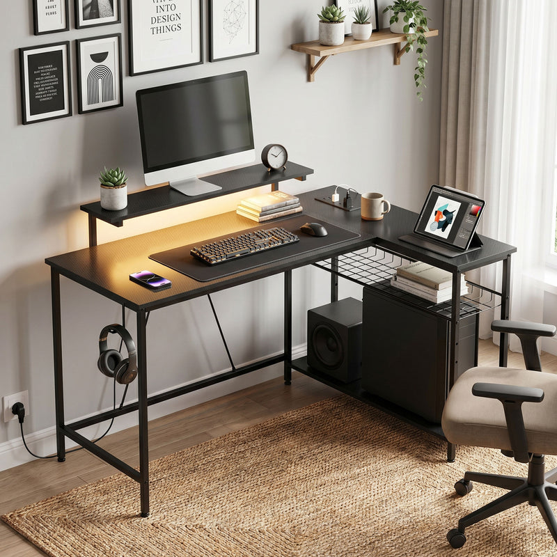 L Shaped Desk with Shelves and LED Lighting for Organised Home Office Black