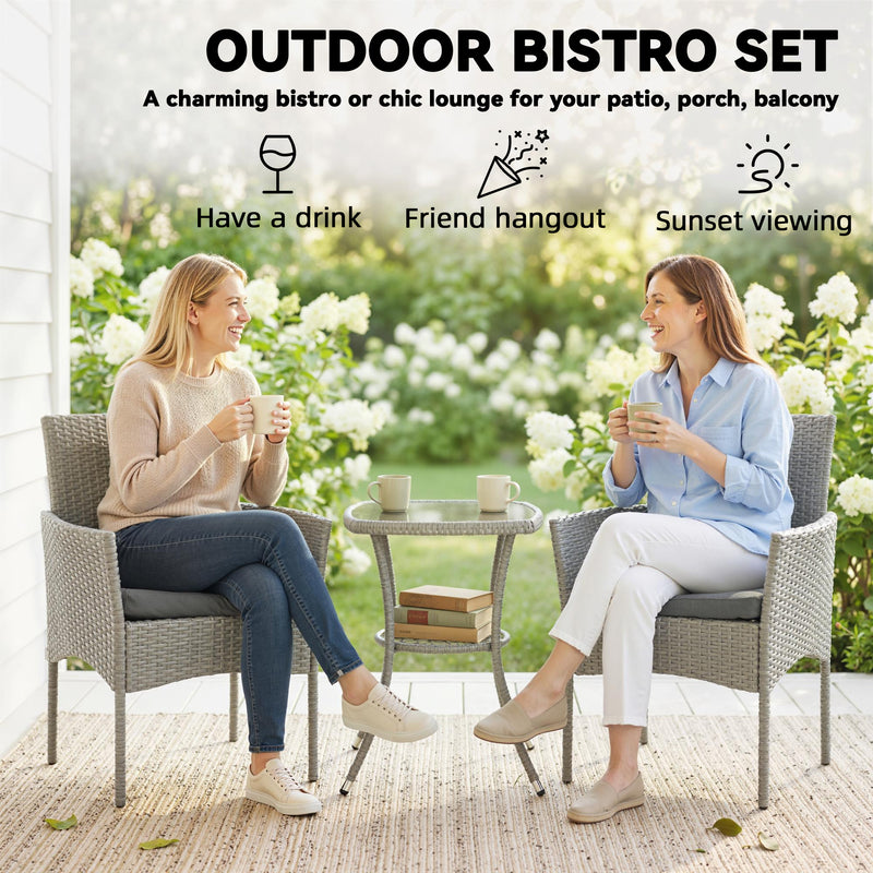 Rattan Garden Bistro Set for Small Spaces with Cushioned Chairs and Glass Table Outsunny