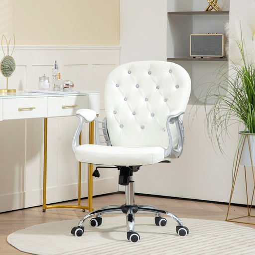 Image of a Vinsetto white leather desk chair with diamante button tufted back rest and a silver frame. The chair has adjustable features like height adjustment, reclining backrest and swivel wheels. This office chair will add a touch of glam and luxury to your home or office.