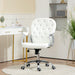 Image of a Vinsetto white leather desk chair with diamante button tufted back rest and a silver frame. The chair has adjustable features like height adjustment, reclining backrest and swivel wheels. This office chair will add a touch of glam and luxury to your home or office.