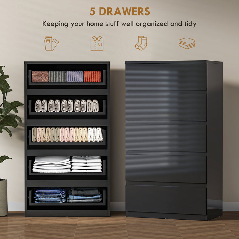 Chest of Drawers with 5 Spacious Handleless Storage Drawers for Bedroom Organisation High Gloss Black AOSOM