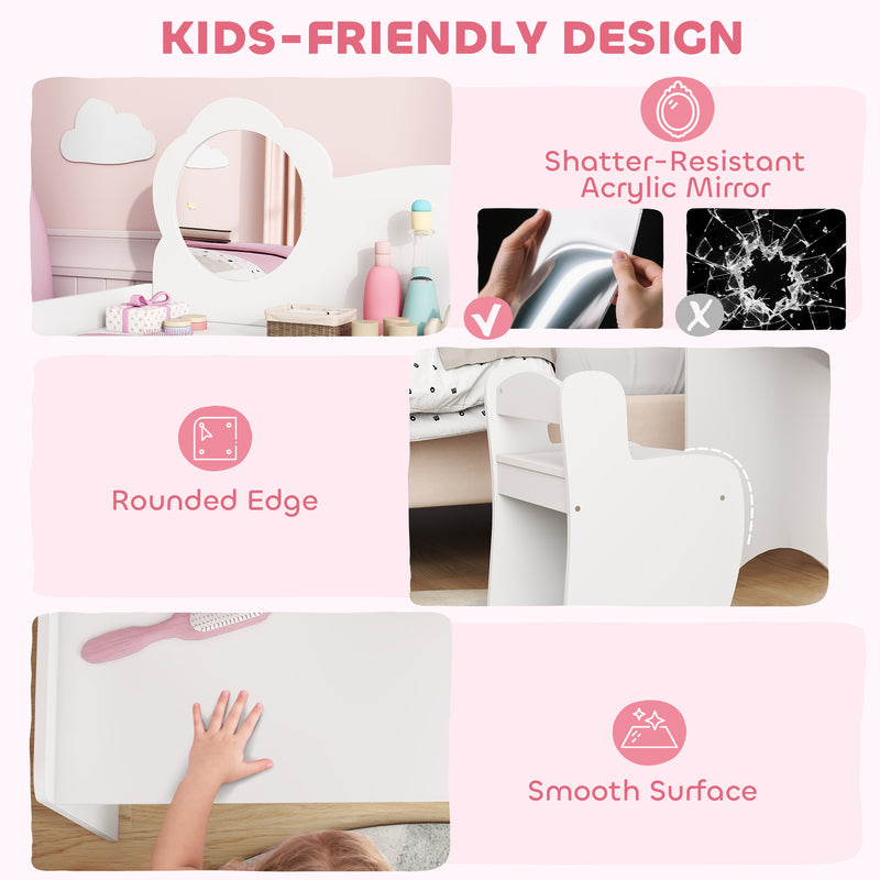 Kids Dressing Table With Mirror and Storage Shelves Includes Stool For Ages 3 to 8 White AOSOM