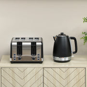 Stainless Steel Kettle and 4 Slice Toaster Set with Rapid Boil and Crumb Tray Black Silver