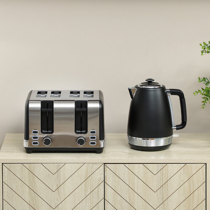 Stainless Steel Kettle and 4 Slice Toaster Set with Rapid Boil and Crumb Tray Black Silver