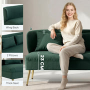 2 Seater Sofa, Dark Green Linen Look Sofa with Wing Back and Gold Metal Legs for Small Spaces