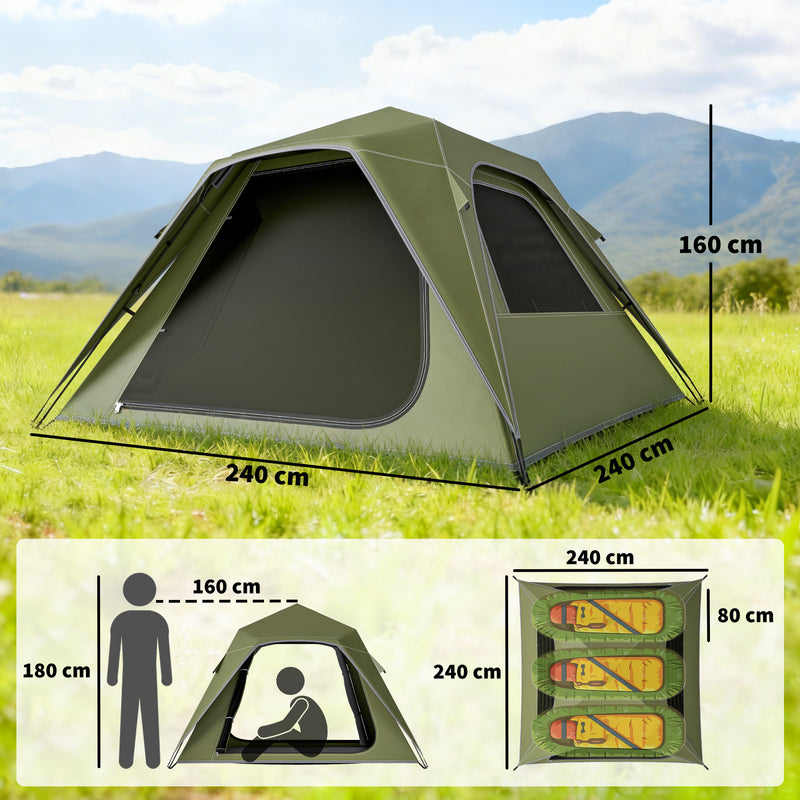 Pop Up Family Tent for Quick Camping Setup Sleeps 3 to 4 Waterproof Green