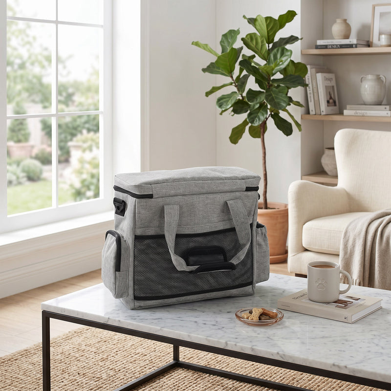 Pet Travel Organiser Bag with Insulated Food Containers and Collapsible Bowl Light Grey