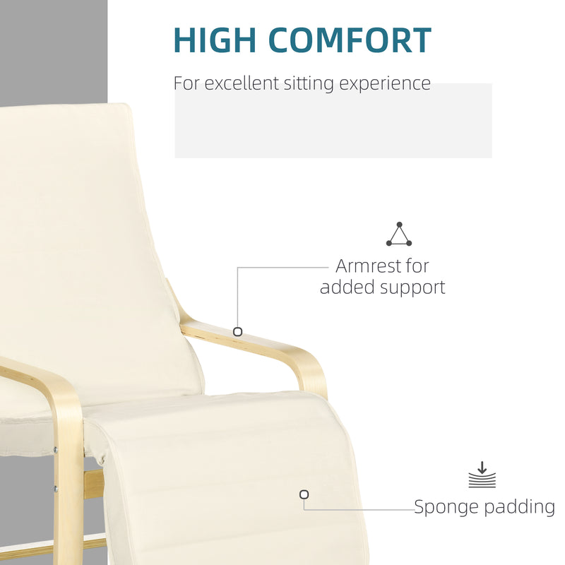 Reclining Wooden Lounging Chair with Adjustable Footrest and Cushion for Garden Comfort Cream White