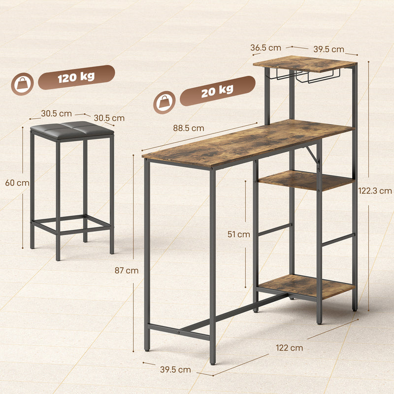 Breakfast Bar Table and Stools Set with Shelving and Glass Racks for Small Kitchens Rustic Brown AOSOM